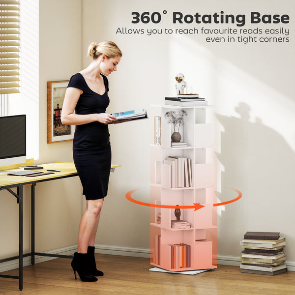 360° Rotating Bookcase with 4 Tiers and 16 Compartments, White Wood