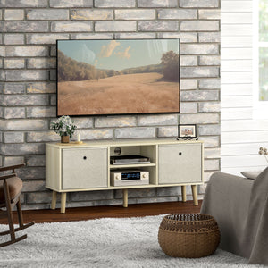 Modern TV cabinet with drawers and folding shelves, natural color