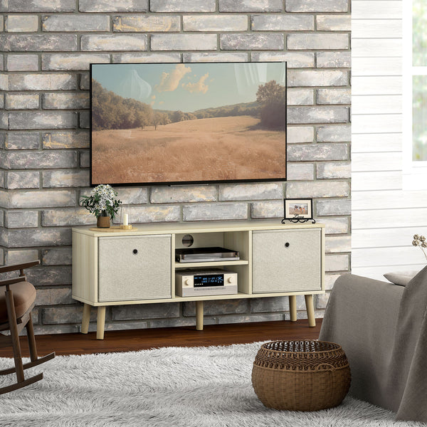 Modern TV cabinet with drawers and folding shelves, natural color