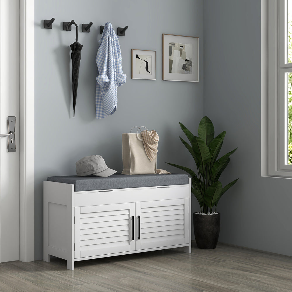 Entryway Bench with Cushion, Concealed Storage, Adjustable Shelves, and Louvered Doors, White