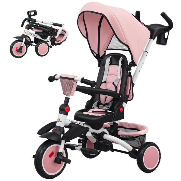 6 in 1 Tricycle with Push Handle, Removable Canopy, Swivel Seat, Pink