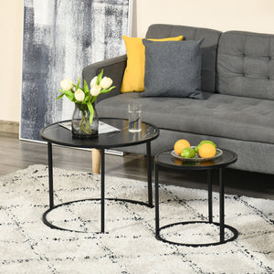 Set of 2 Modern Round Coffee Tables with Faux Marble Top and Metal Frame, Black
