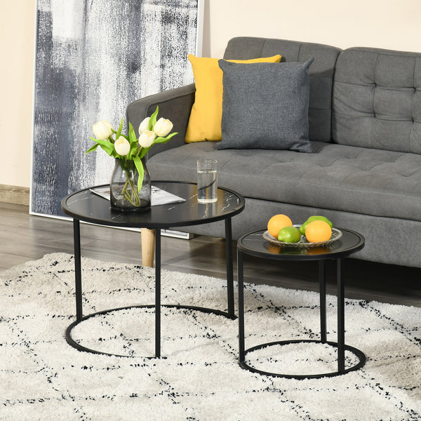 Set of 2 Modern Round Coffee Tables with Faux Marble Top and Metal Frame, Black