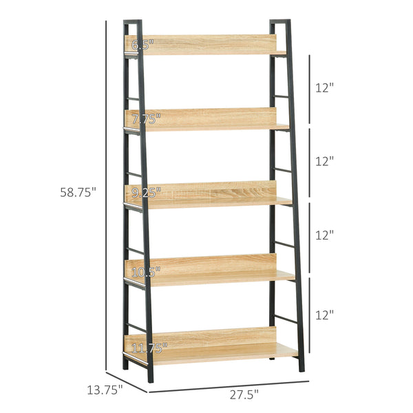 Modern bookcase with wide 5-tier shelves, oak