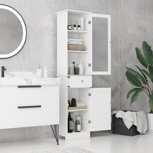 Tall Bathroom Cabinet with Drawers, 2 Doors, and Adjustable Shelves, White
