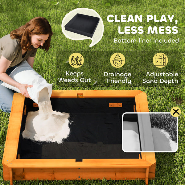 Wooden sandbox with cover, folding benches and adjustable canopy