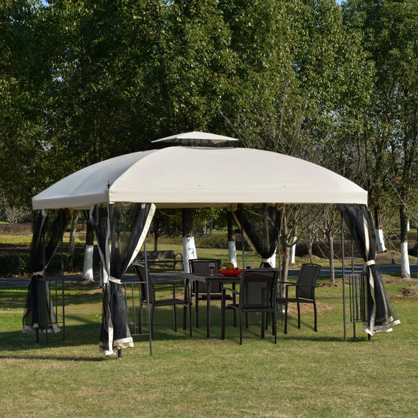 10 x 12 gazebo with double-pitched roof, removable mesh side panels and triangular shelves, beige 