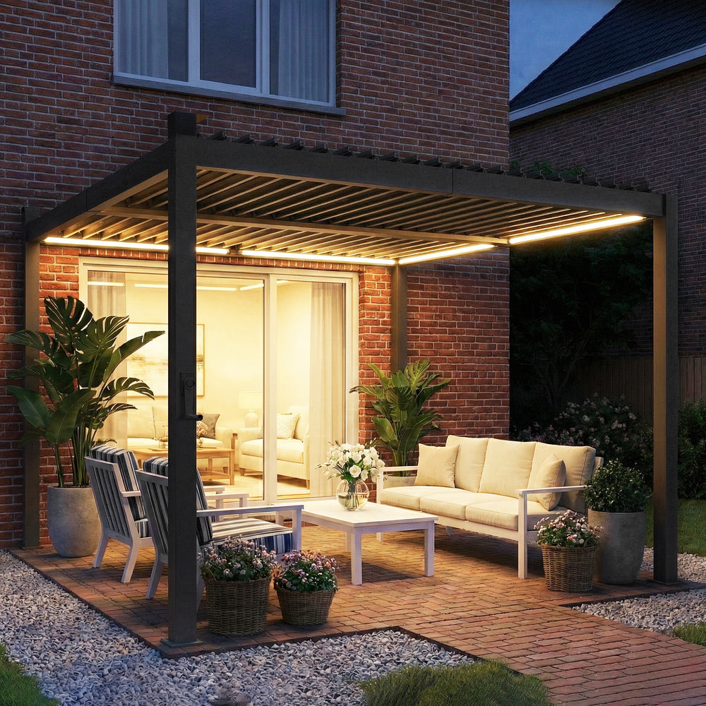 10 x 10 pergola with adjustable louvered roof, black, with LED solar lighting and drainage gutters