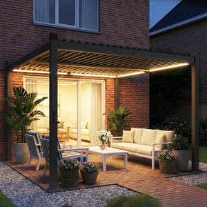 10 x 10 pergola with adjustable louvered roof, black, with LED solar lighting and drainage gutters