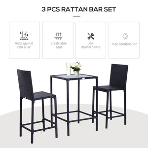 3 Piece Wicker Rattan Garden Bar Set, Bar Stool and Table for Patio, Black