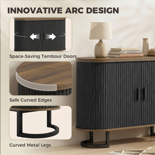 Sideboard Buffet Cabinet with Curved Tambour Doors, Thick Tabletop and Arc Metal Legs Brown and Black
