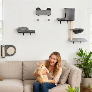 Wall-mounted cat tree with scratching post and cushion