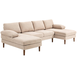 4-seater U-shaped sofa with double chaise longue and wooden legs, beige