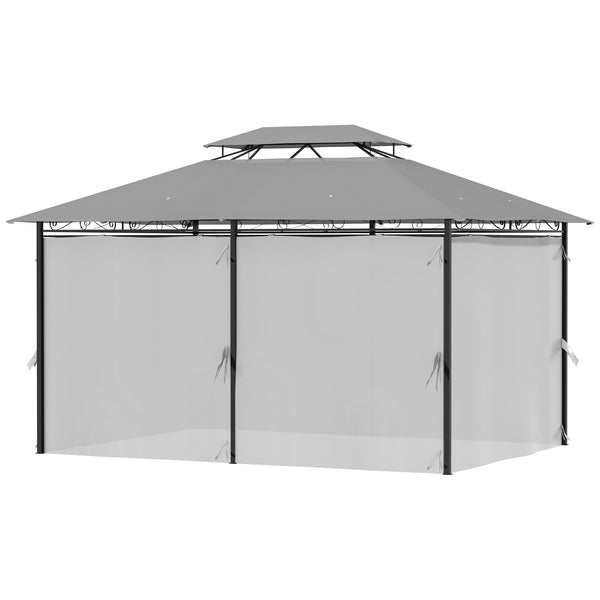 10' x 13' Gazebo, 2-Tier Outdoor Sun Shelter with Curtains, Dark Gray