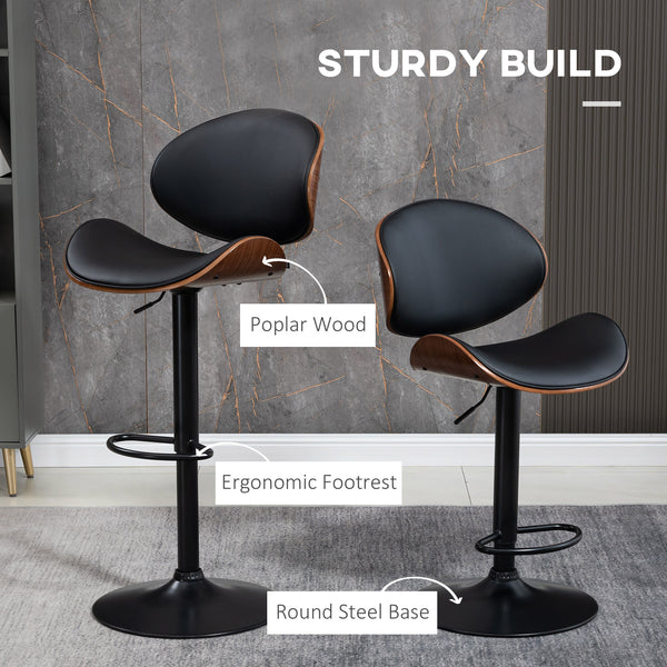 Set of 2 Modern Faux Leather Adjustable Swivel Bar Stools, Black 