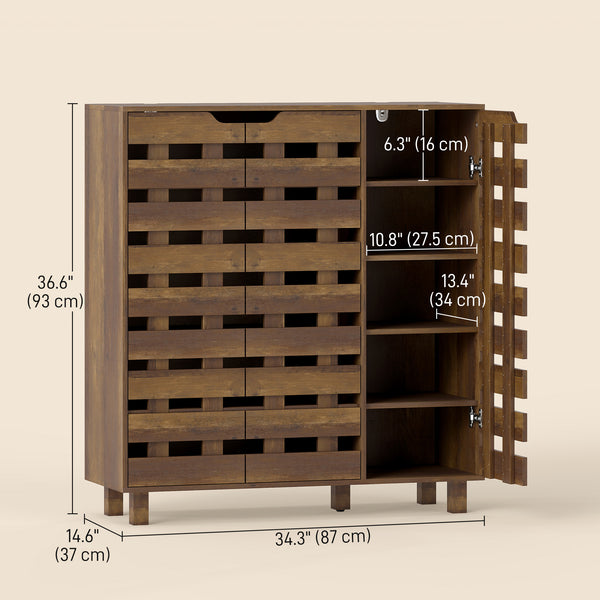 Shoe cabinet for 20 pairs of shoes with slatted doors, aged brown
