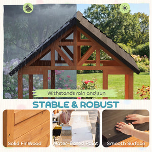 Wooden playhouse for children aged 3 to 8, with a table, benches, a sink, windows, and flower box holders, brown.
