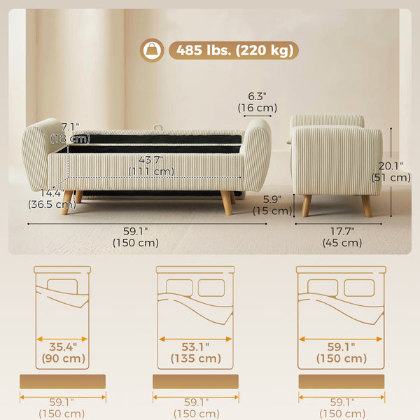 59" Corduroy Storage Bench, Beige