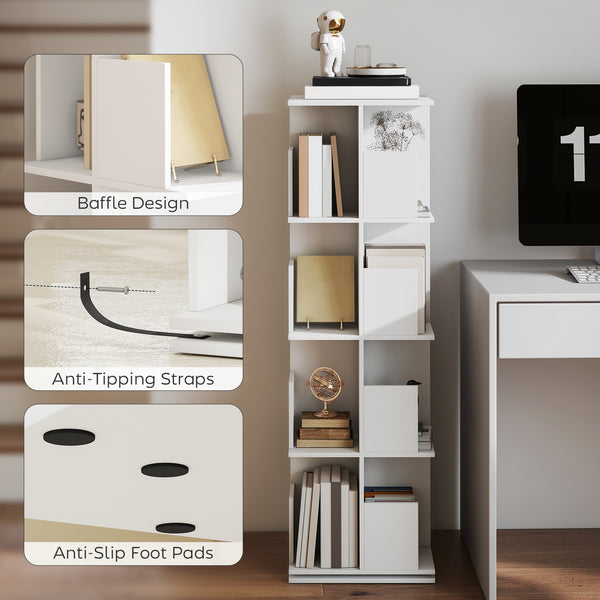 360° Rotating Bookcase with 4 Tiers and 16 Compartments, White Wood