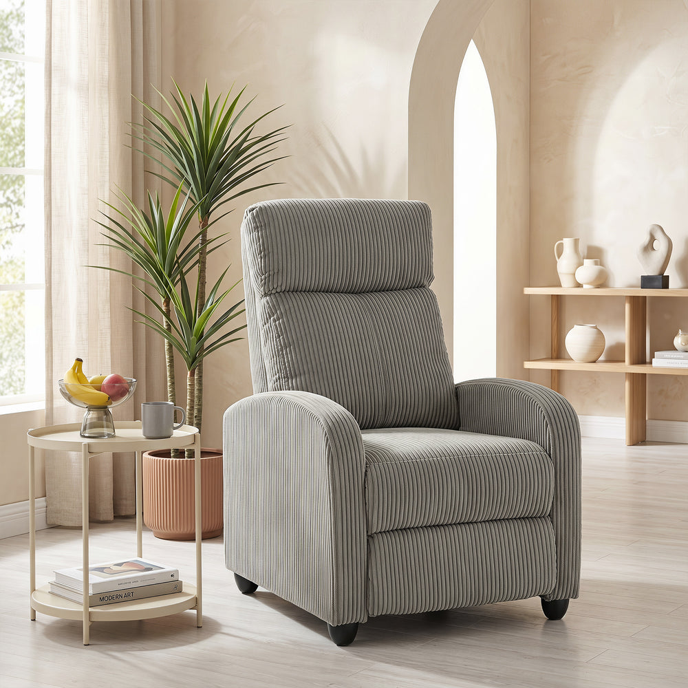 Corduroy recliner with upholstered seat, ideal for the living room, gray
