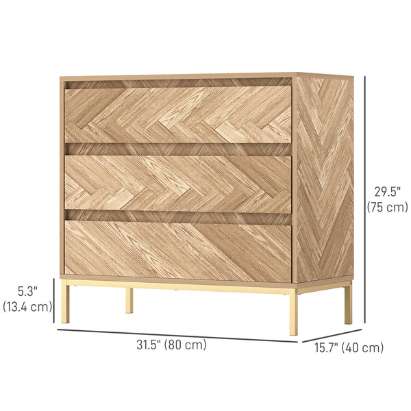 Bedroom chest of drawers with anti-tip system with 3 drawers for living room, hallway, natural wood