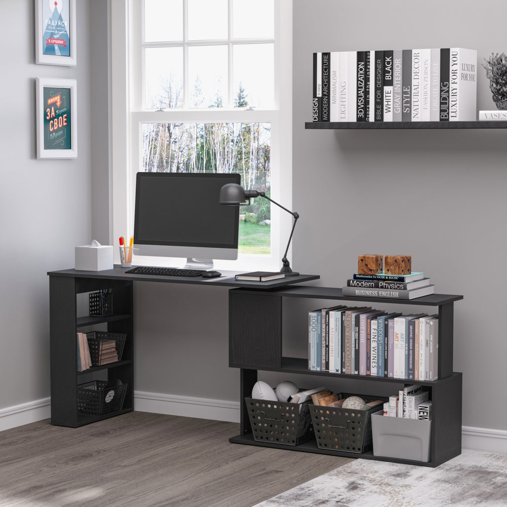 L-shaped corner desk, 360° swivel, with storage shelf, black