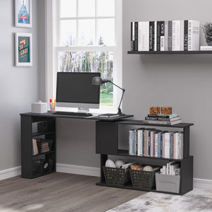 L-shaped corner desk, 360° swivel, with storage shelf, black