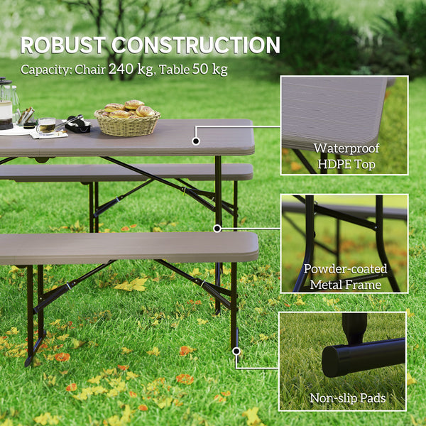 Foldable camping table and benches set with carry handles, brown