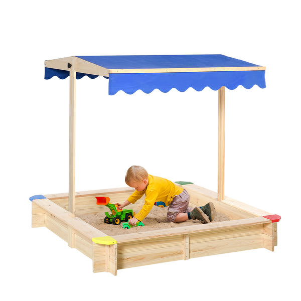 Kids Wooden Sandbox with Cover, Play Sand Station for Children Outdoor Sand box, with Seats, for Backyard, Beach, 47" x 47" x 47", Natural