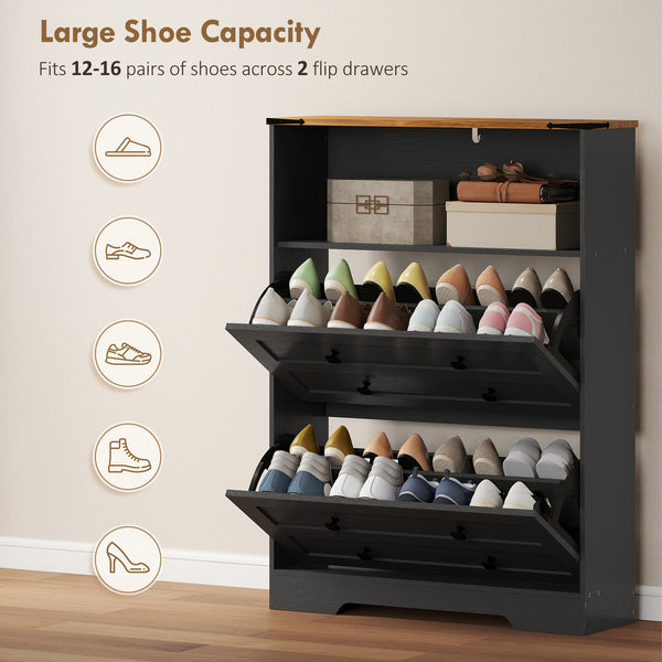 Shoe cabinet with 2 drop-down drawers, black