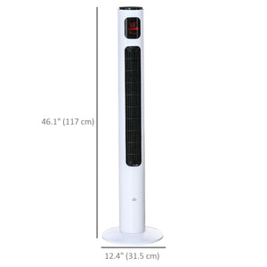 Freestanding tower fan with 3 speeds, 12-hour timer, LED sensor panel, remote control, white