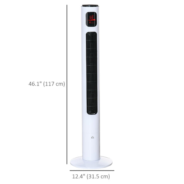 Freestanding tower fan with 3 speeds, 12-hour timer, LED sensor panel, remote control, white