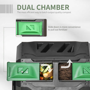 Rotating composter with double chamber, 360° rotation, green