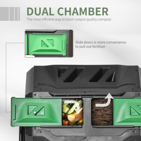 Rotating composter with double chamber, 360° rotation, green