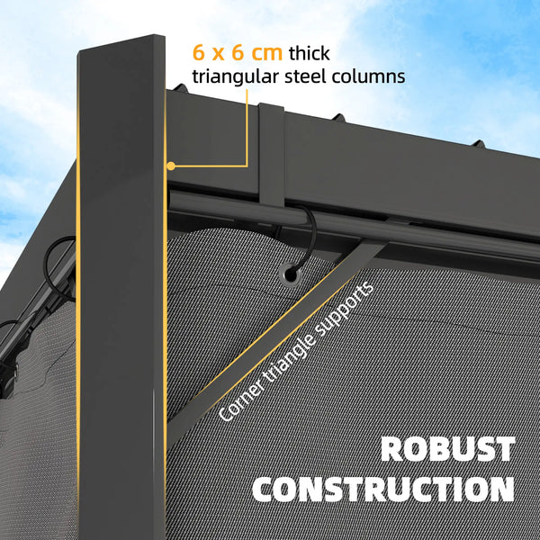 10 x 13 louvered pergola, steel roof and curtains, drainage gutters, grey