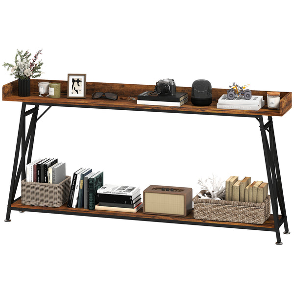 Extra-long console table with storage shelf and railing, industrial style, rustic brown