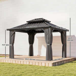 Gazebo with rigid roof 10 x 12 with double roof in galvanized steel, aluminum frame, dark grey
