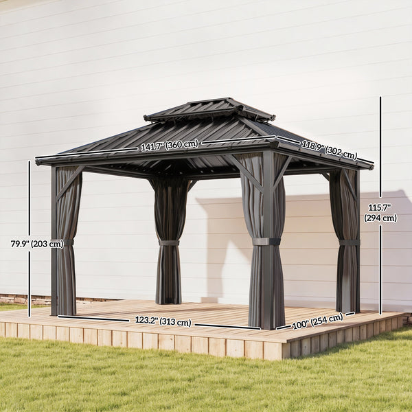 Gazebo with rigid roof 10 x 12 with double roof in galvanized steel, aluminum frame, dark grey