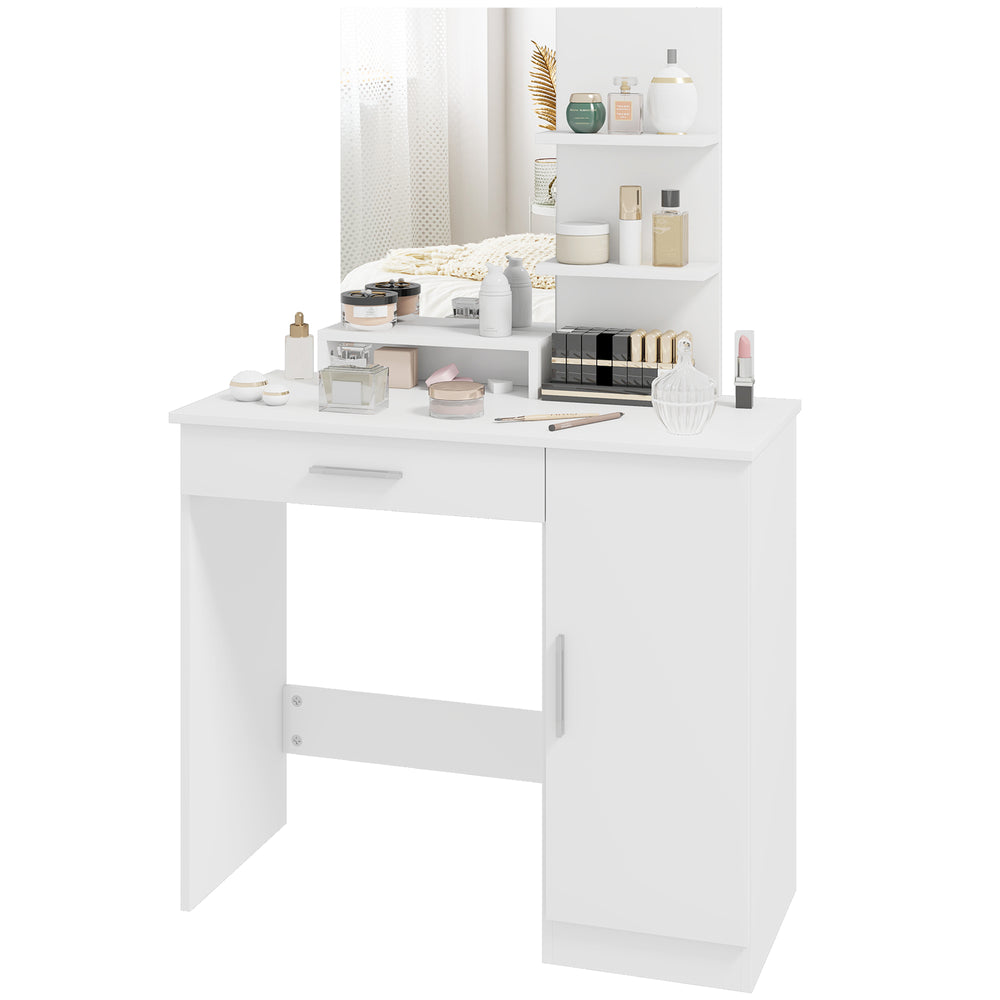 Dressing table with mirror, makeup cabinet with drawer, adjustable shelves