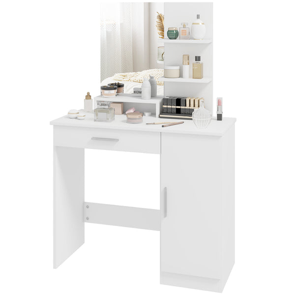 Dressing table with mirror, makeup cabinet with drawer, adjustable shelves