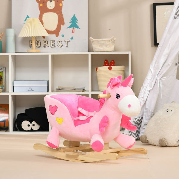 Rocking Unicorn with Songs, Wooden Base and Seat Belt, Pink