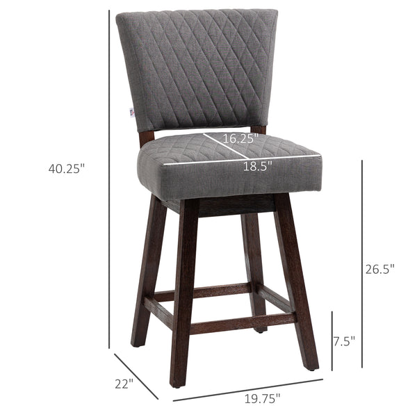 Set of 2 swivel bar stools with wooden legs and footrest, dark grey