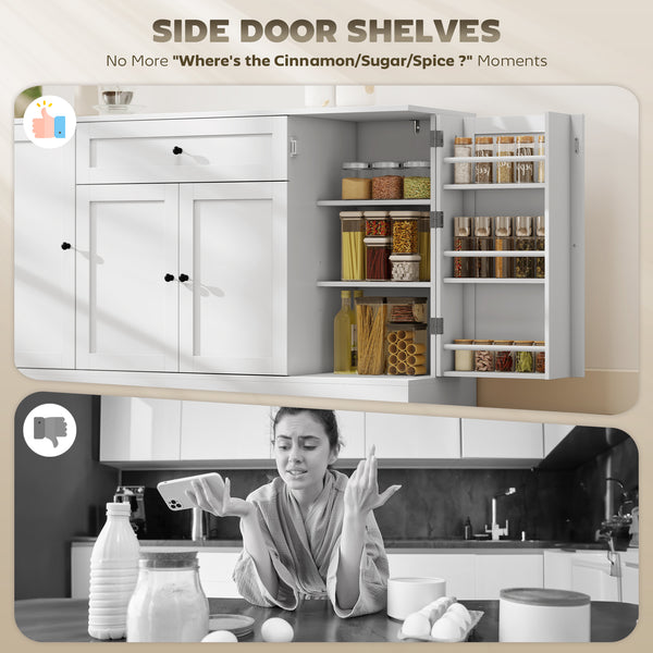 Modern kitchen storage cabinet with drawer, adjustable shelves with door supports, white