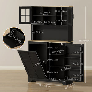 Storage Cabinet with Charging Station, 7 Gallon Trash Can, Adjustable Shelves, Black