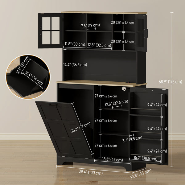 Storage Cabinet with Charging Station, 7 Gallon Trash Can, Adjustable Shelves, Black