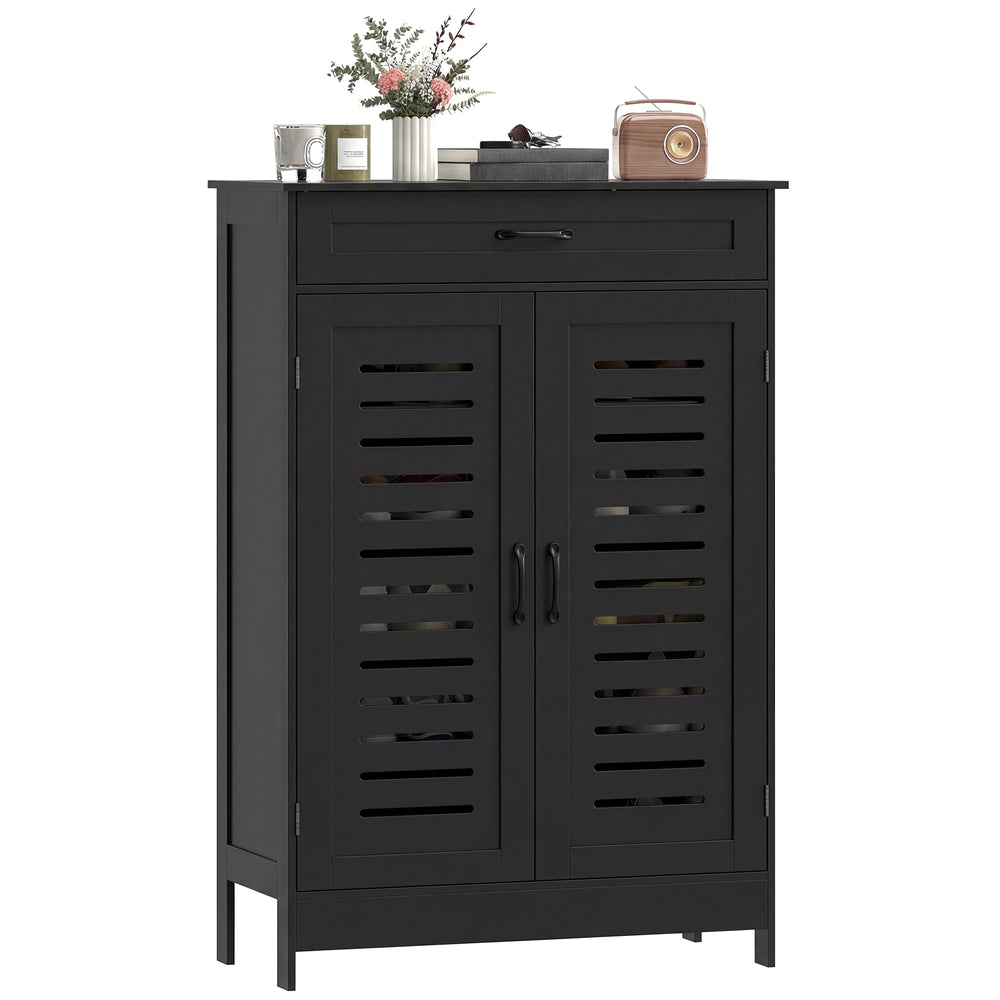 Shoe cabinet with louvered doors with drawer and adjustable shelves, black