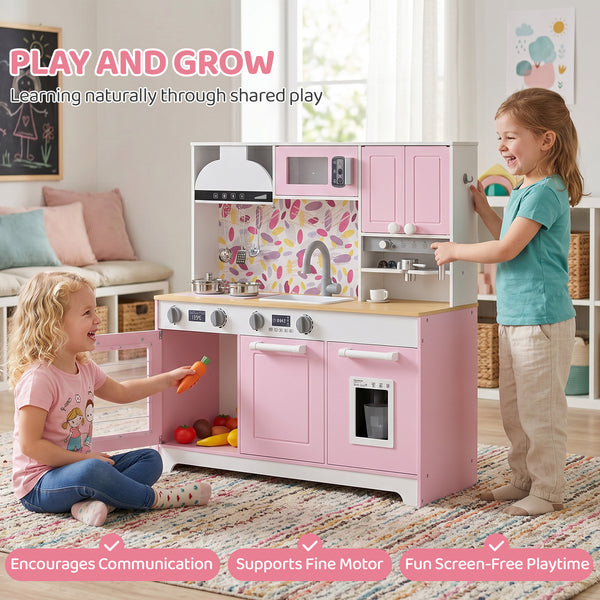 Children's play kitchen with coffee machine, ice dispenser and accessories, pink