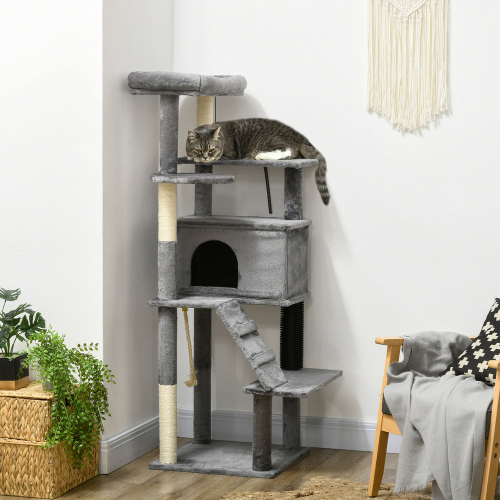 147cm tall cat tree with scratching posts, large indoor cat tower with bed, hideaway and toys, grey