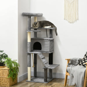 147cm tall cat tree with scratching posts, large indoor cat tower with bed, hideaway and toys, grey