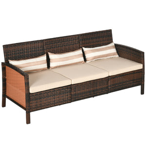 Three-seater sofa in woven resin with removable cushions, brown
